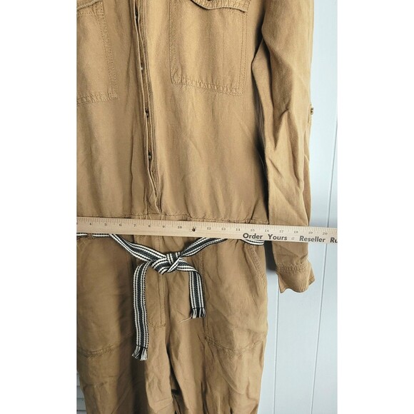 Ann Taylor Loft Womens Sz M Khaki Long Sleeve Linen Blend Utility Cargo Jumpsuit - Picture 2 of 14